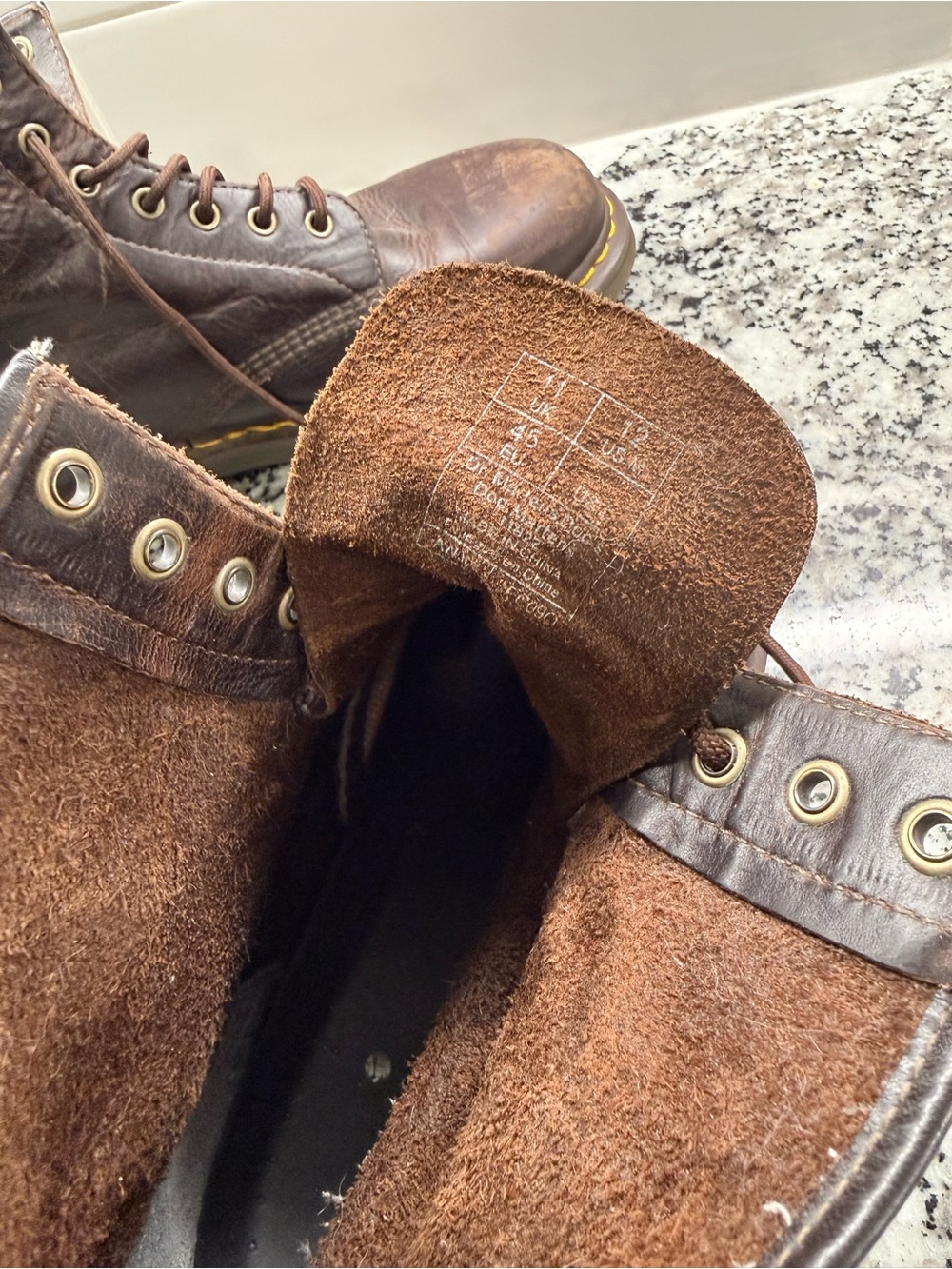 Dr. Martens Dark Brown Leather 6-Eye Lace-Up Boots with Yellow Stitching - Picture 2 of 4